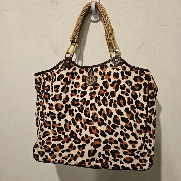 Women's Tory Burch Leopard Print Large Tote Bag Rope Handles Brown Beige - Picture 5 of 12